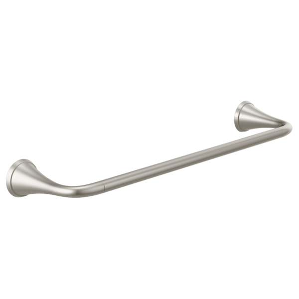 Brushed nickel towel bar with curved design and conical end caps on both sides.