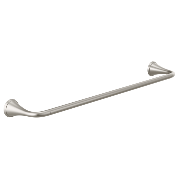 Brushed nickel curved towel bar with cone-shaped mounting brackets on each end.