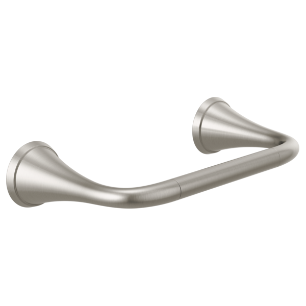 Brushed nickel curved tissue holder with conical end caps and wall-mounted arms.