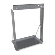 Gray metal mounting frame with rectangular opening, mounting holes, and drip pan base for in-wall chiller installation.