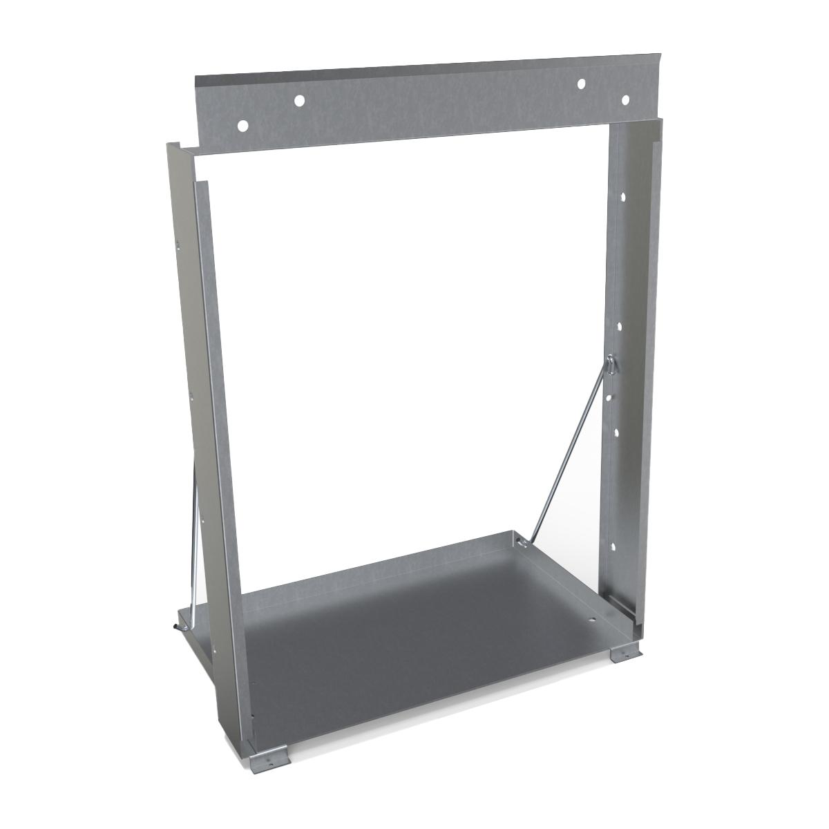 Gray metal mounting frame with rectangular opening, mounting holes, and drip pan base for in-wall chiller installation.