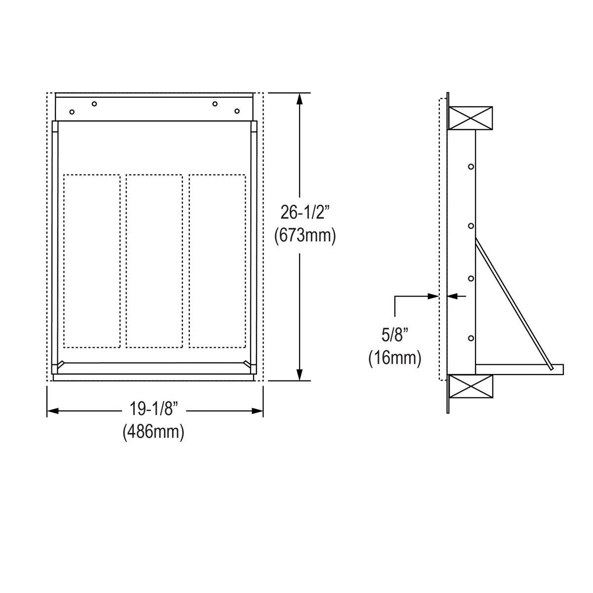 Technical schematic showing front and side views of in-wall chiller box with dimensions 19-1/8" width by 26-1/2" height and m