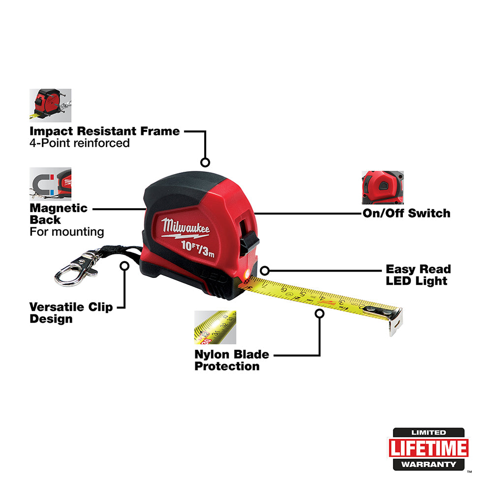 Red and black Milwaukee keychain tape measure with extended yellow blade, magnetic back, LED light, and carabiner clip.