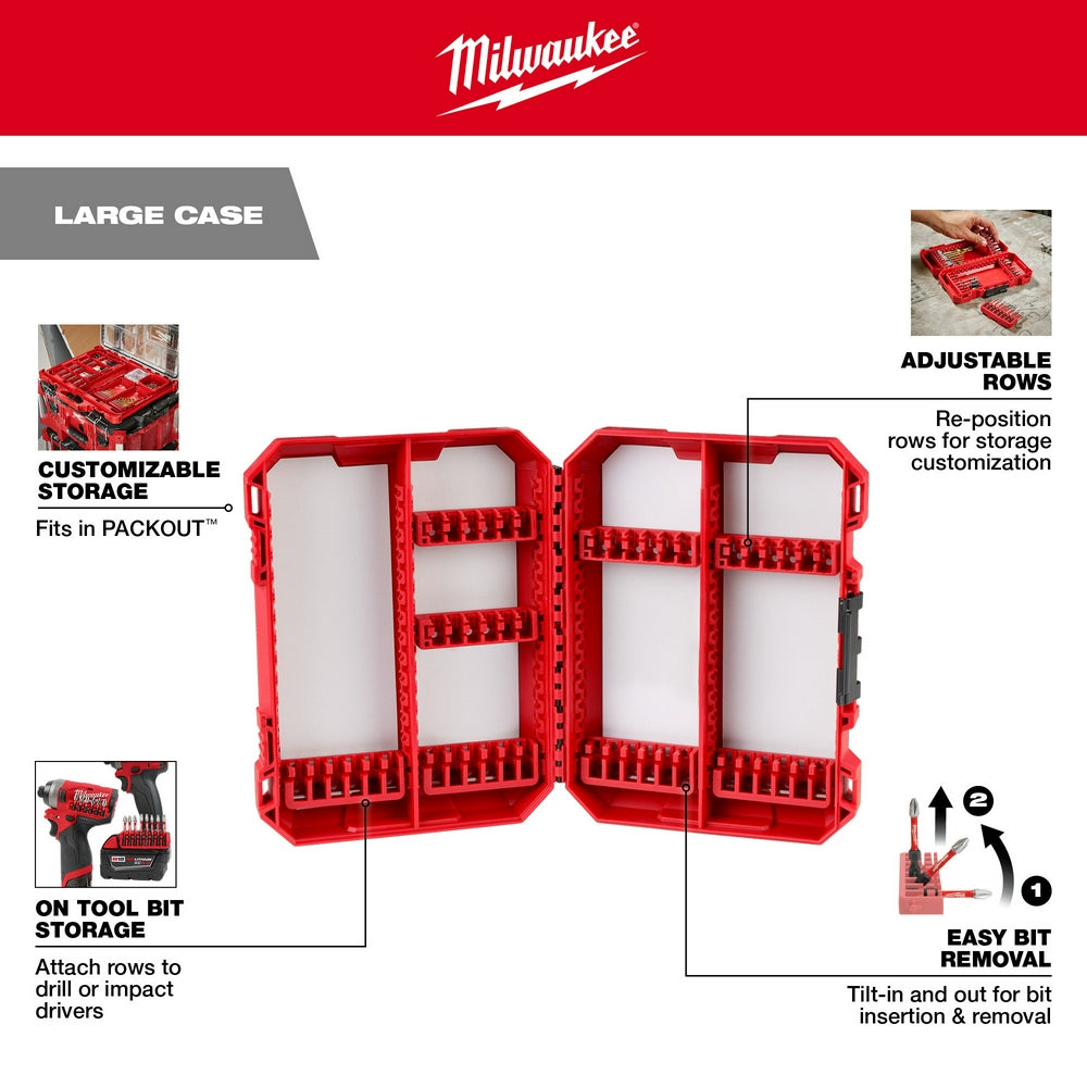 Red Milwaukee large case with adjustable storage rows and bit holders, opened to show interior compartments.