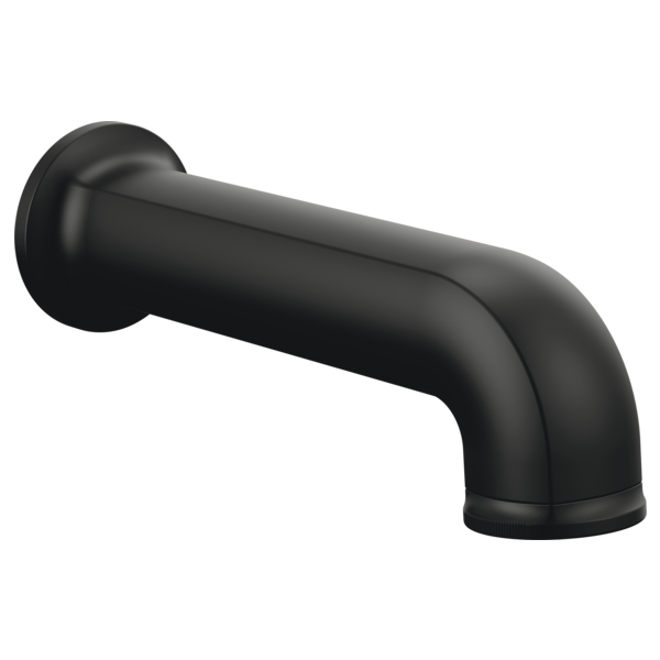 Black curved tub spout with round wall-mounted base and angled outlet.