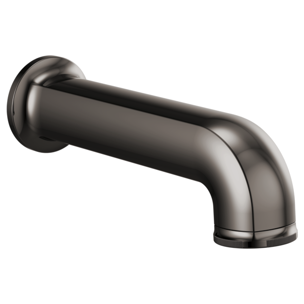 Polished black tub spout with curved angled outlet and wall-mounted round flange.