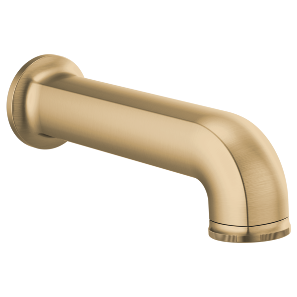 Champagne bronze curved tub spout with wall-mounted flange and angled outlet.