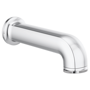 Chrome tub spout with curved angled outlet and wall-mounted circular escutcheon plate.