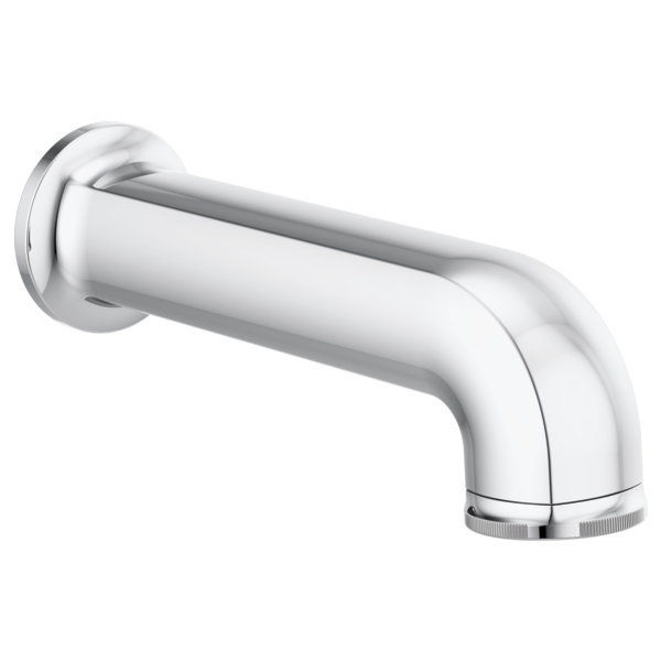 Chrome tub spout with curved angled outlet and wall-mounted circular escutcheon plate.