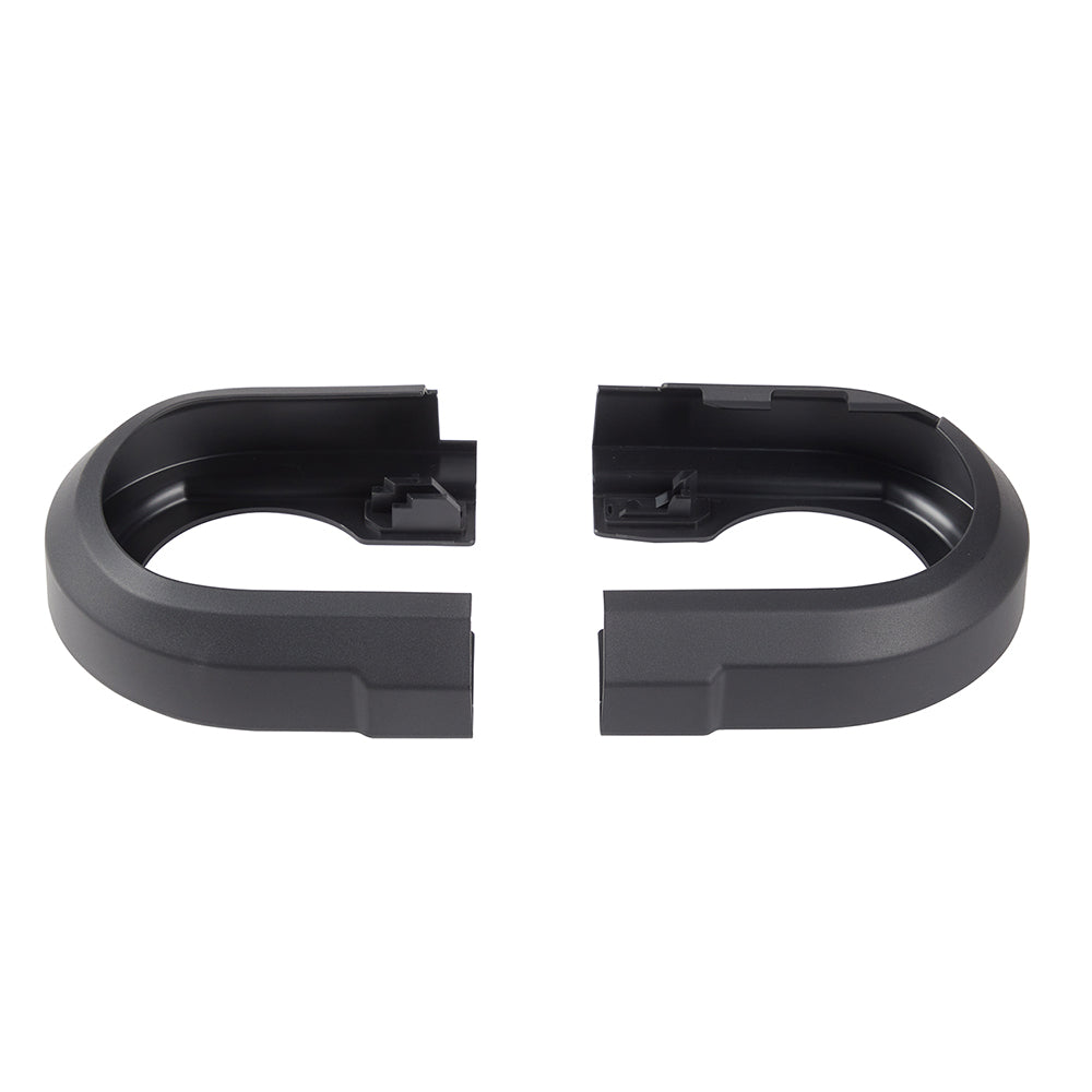 Two black curved plastic band saw blade covers with open centers and mounting tabs, shown front and back views.