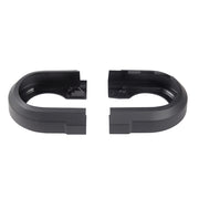 Two black curved plastic band saw blade covers with open centers and mounting tabs, shown front and back views.