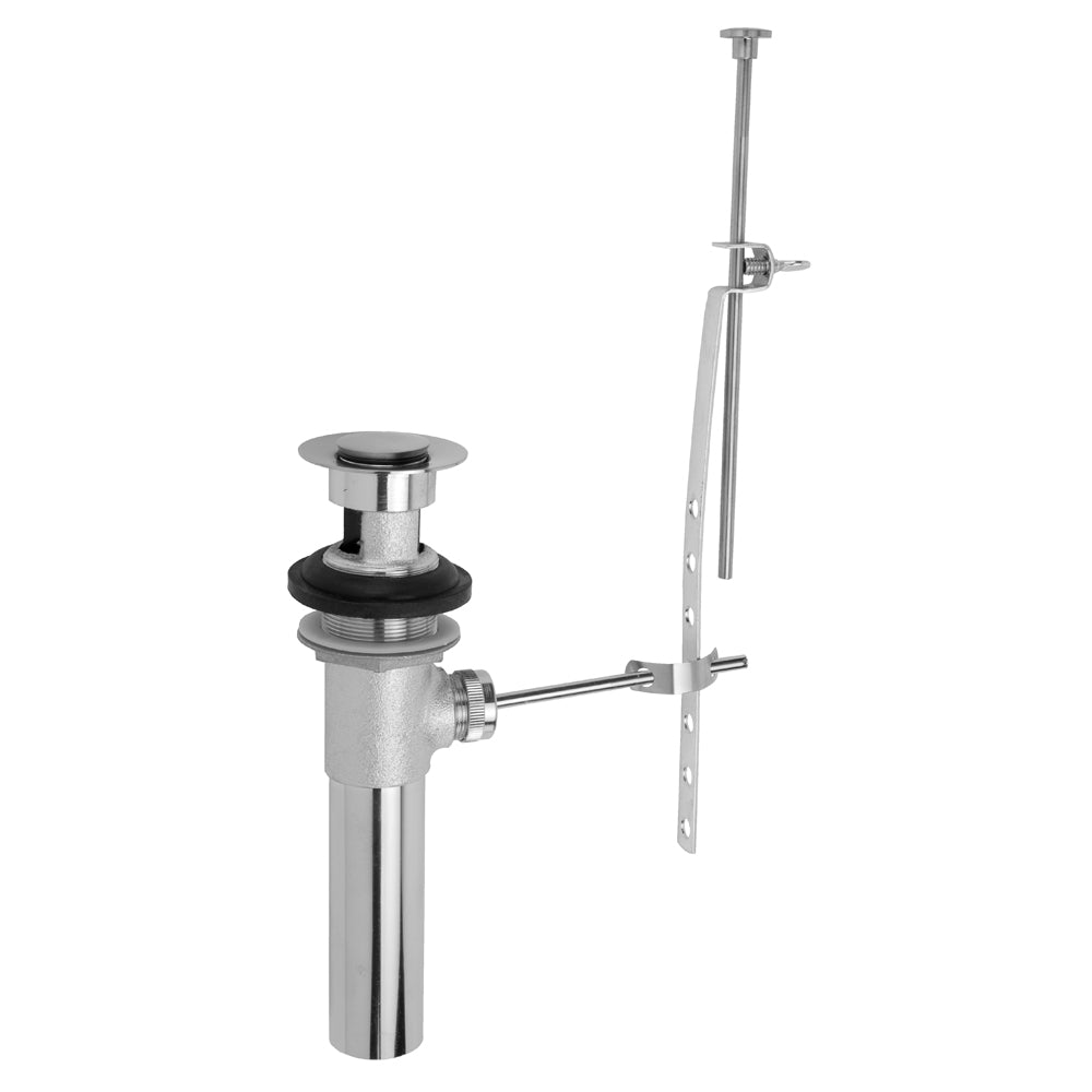 Polished brass pop-up lavatory drain assembly with overflow tube and rod mechanism for sink installation.