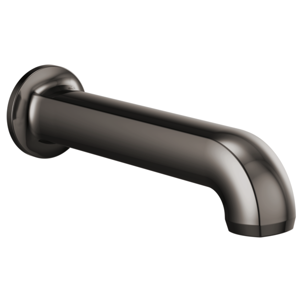Chrome tub spout with curved outlet and wall-mounted round escutcheon in brushed finish.