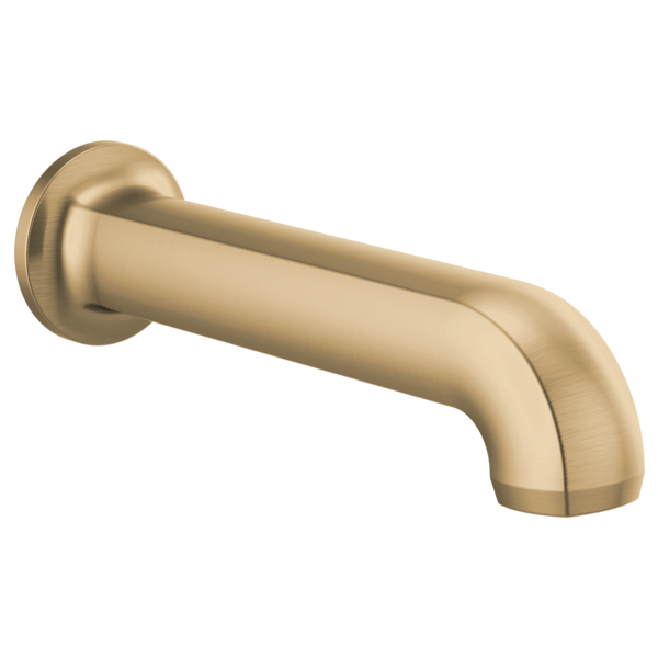 Brushed gold curved tub spout with wall-mounted circular flange and downward-angled outlet.