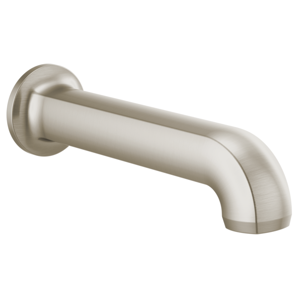 Brushed nickel tub spout with curved outlet and wall-mounted circular flange.