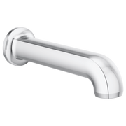 Chrome tub spout with curved angled outlet and wall-mounted circular flange.