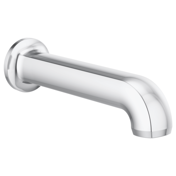 Chrome tub spout with curved angled outlet and wall-mounted circular flange.