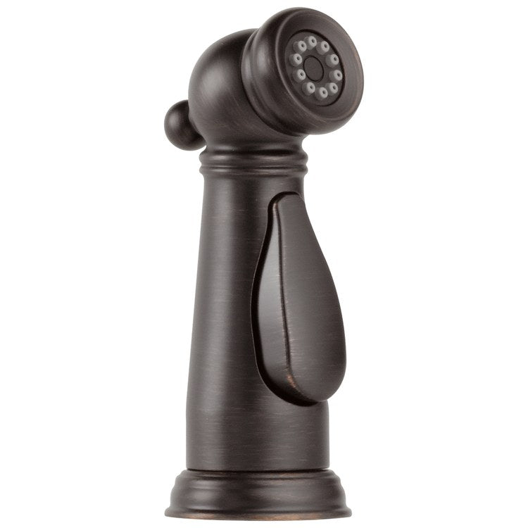 Venetian bronze spray and hose assembly with articulating head and multiple spray settings on cylindrical base.
