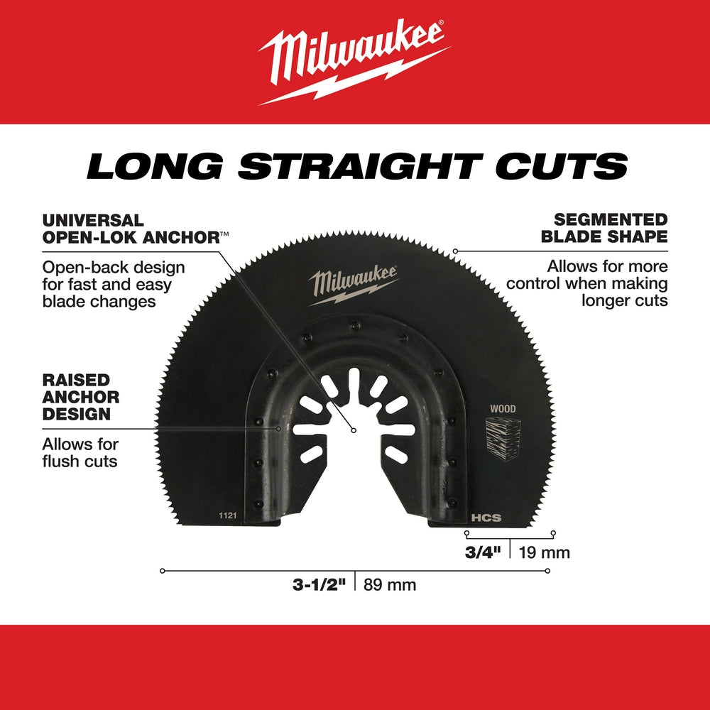 Milwaukee OPEN-LOK 3-1/2" HCS segmented wood cutting blade with raised anchor design for universal tool compatibility.