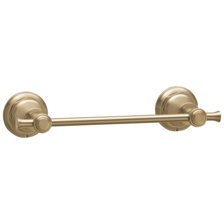 Brass towel bar with circular wall-mounted flanges on each end and cylindrical finials.