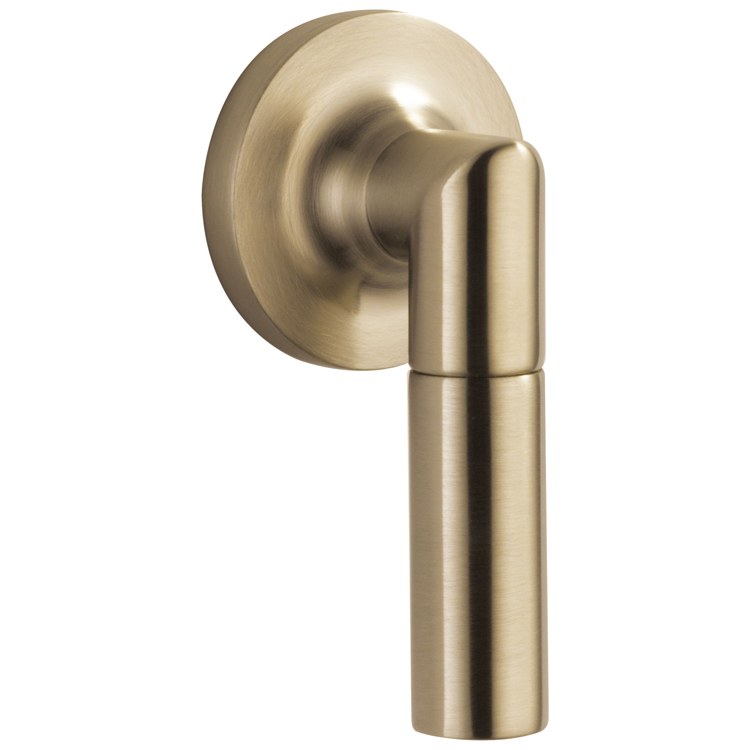 Brushed nickel toilet flush lever with cylindrical handle mounted on circular wall plate.