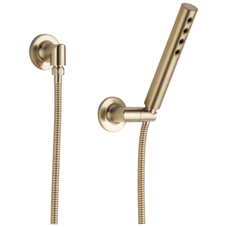 Champagne bronze wall-mounted handshower with cylindrical head, flexible hose, and round mounting bracket.