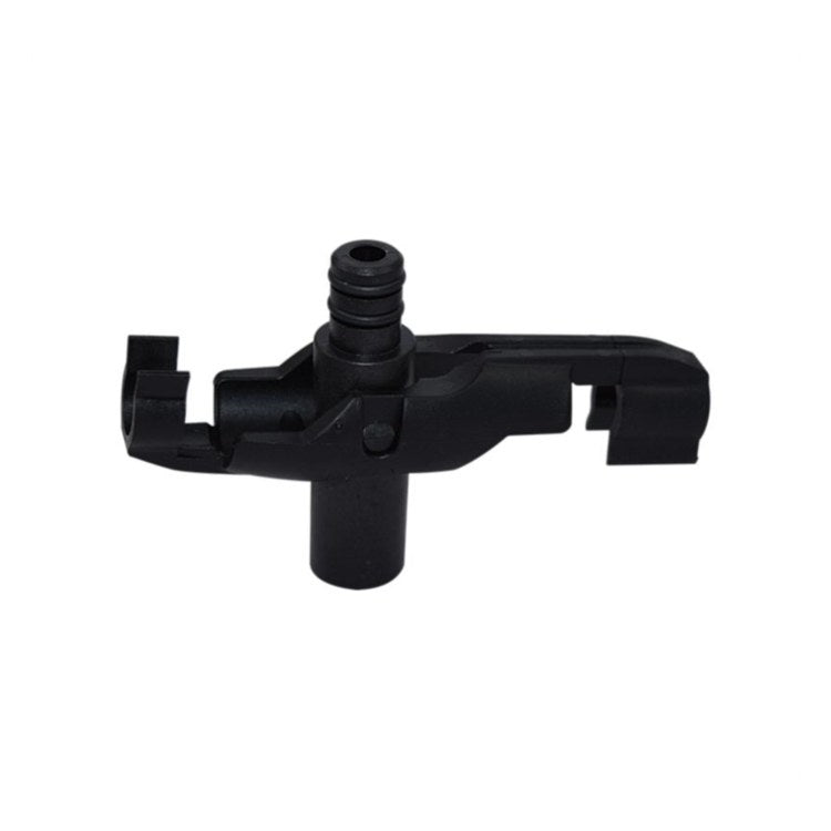 Black plastic adapter with threaded connection port and dual lever arms on sides.