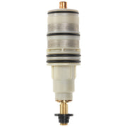 Cylindrical faucet cartridge with cream-colored plastic body, metal mesh bands, black rubber seals, and brass connector ports