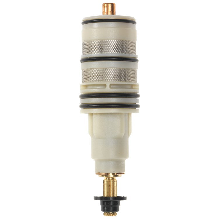 Cylindrical faucet cartridge with cream-colored plastic body, metal mesh bands, black rubber seals, and brass connector ports