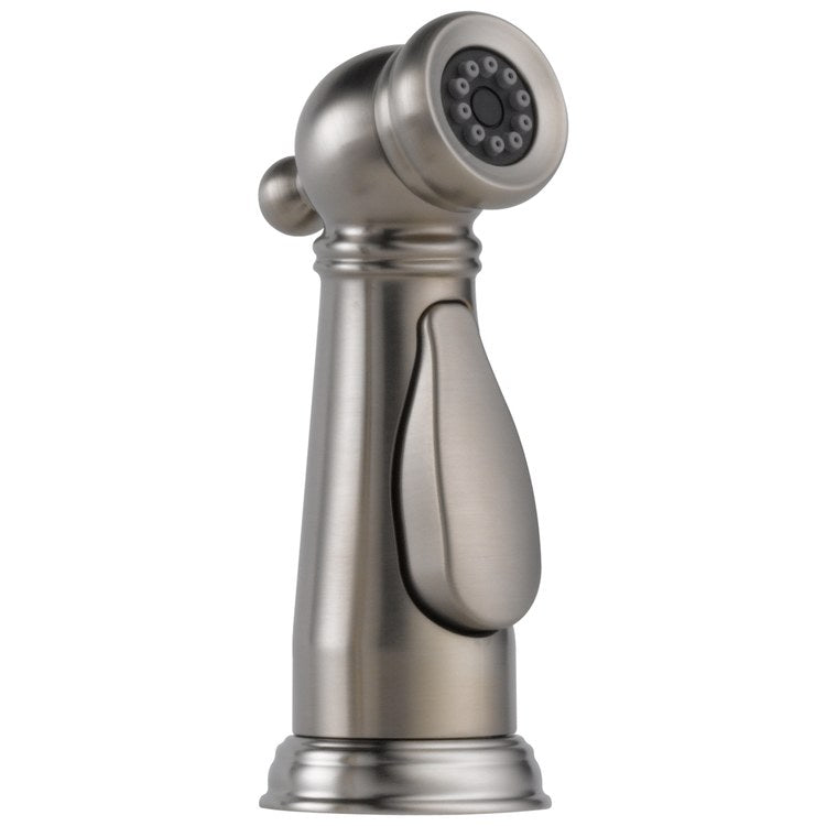 Stainless steel kitchen faucet spray head with multiple jet nozzles and flexible hose attachment.