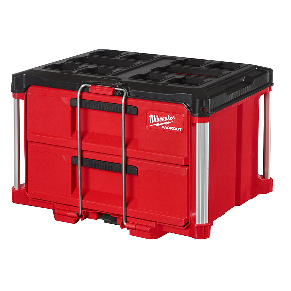 Red and black Milwaukee PACKOUT tool box with two drawers and metal handle.