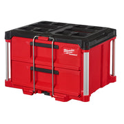 Red and black Milwaukee PACKOUT tool box with two drawers and metal handle.