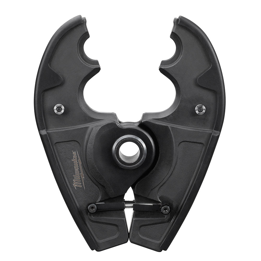 Black Milwaukee M18 crimping jaw with fixed curved arms, central mounting hole, and lower crimping contact points.