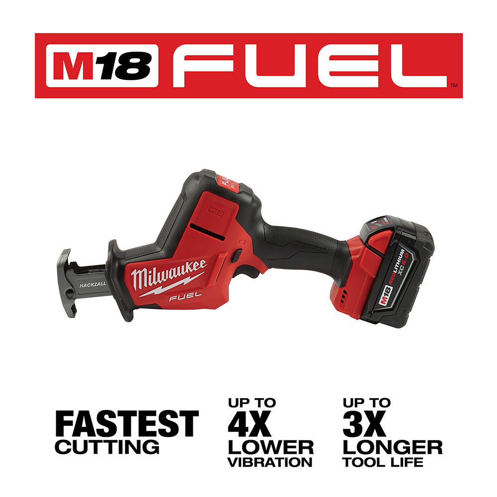 Milwaukee M18 FUEL Hackzall reciprocating saw with red and black body, battery, and shoe attachment.