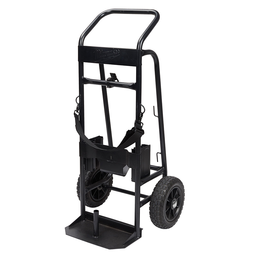 Black Milwaukee breaker cart with push handle, wheels, and straps for transporting equipment.