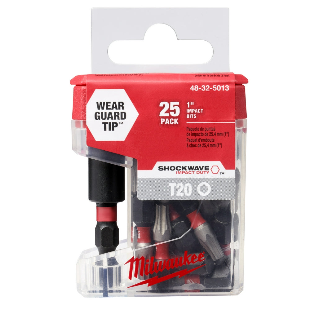 Milwaukee Shockwave Impact T20 insert bits 25-pack with black and red bit holder and wear guard tip.
