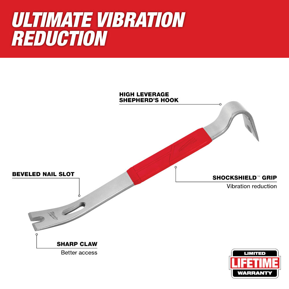 Red and silver pry bar with curved claw end, beveled nail slot, and textured grip section.