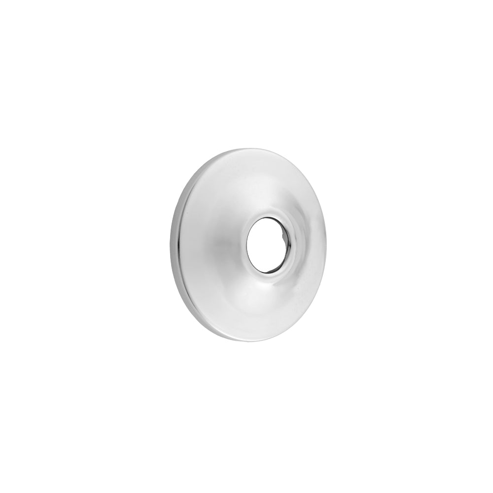 Polished chrome round escutcheon with central oval opening for pipe penetration.