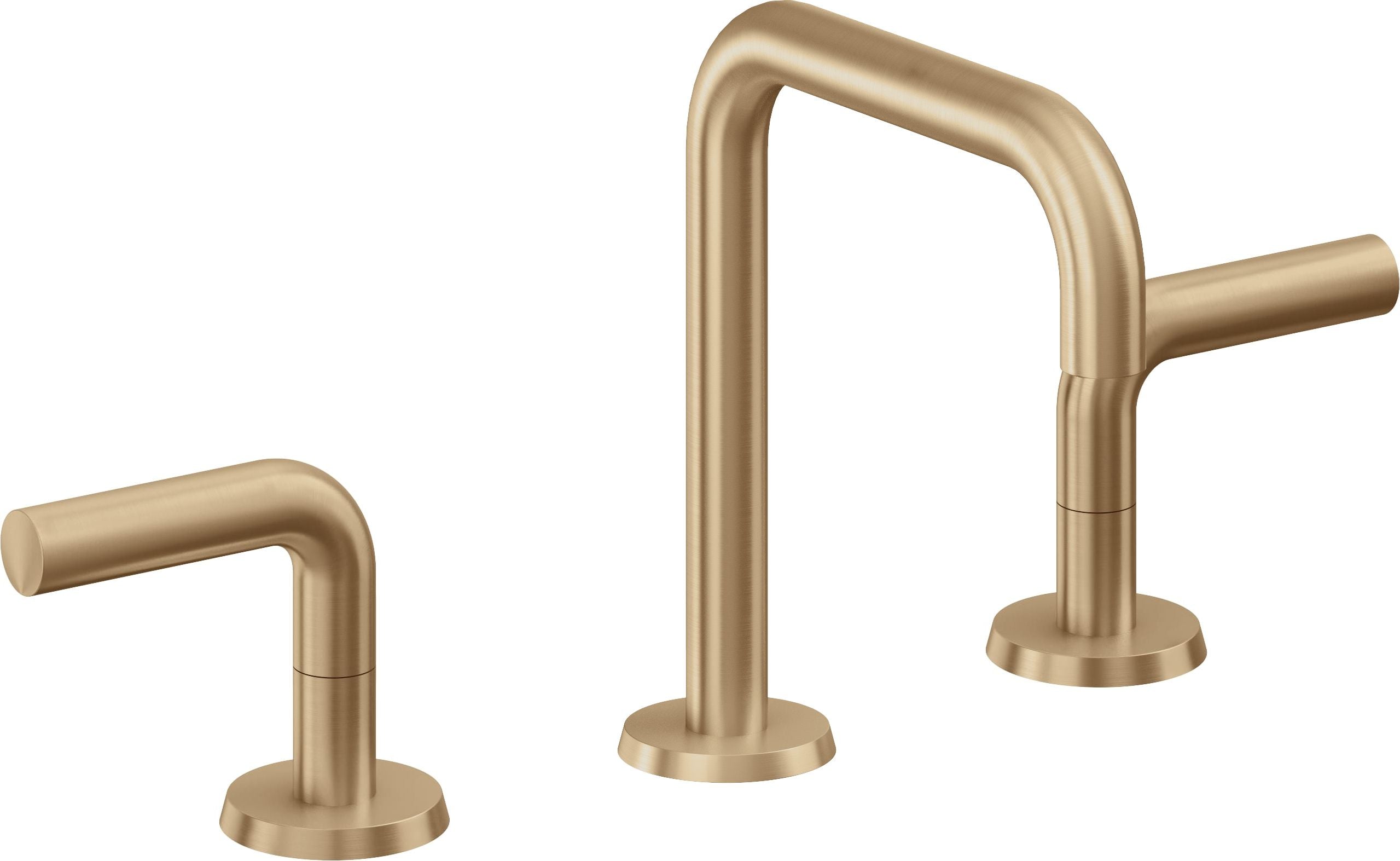 Satin bronze three-piece widespread lavatory faucet with tall arched spout and two lever handles.