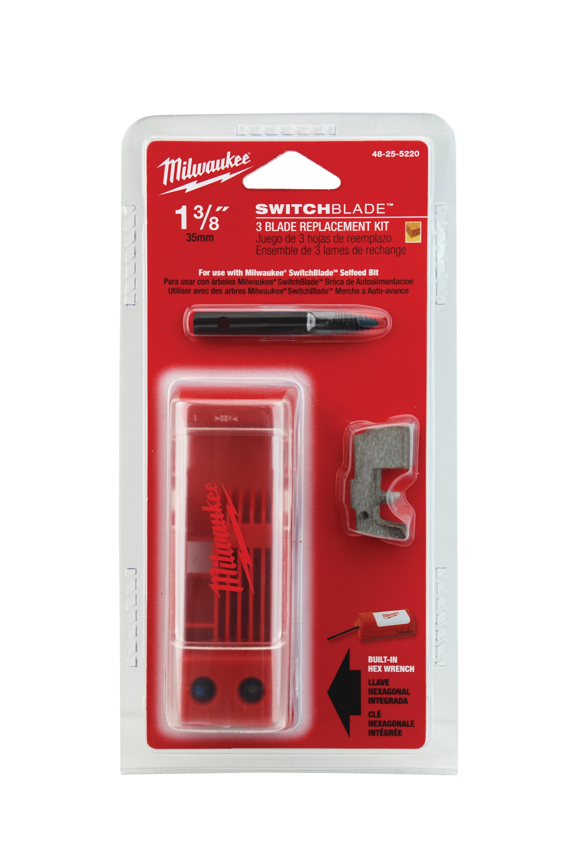 Milwaukee 48-25-5220 SWITCHBLADE 3 Blade Replacement Kit in clear plastic packaging with red card backing displaying product 