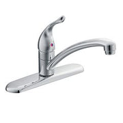 Chrome kitchen faucet with single curved handle and pullout spray mounted on base deck.