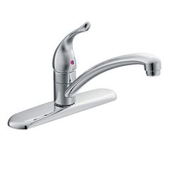 Chrome kitchen faucet with single curved handle and pullout spray mounted on base deck.