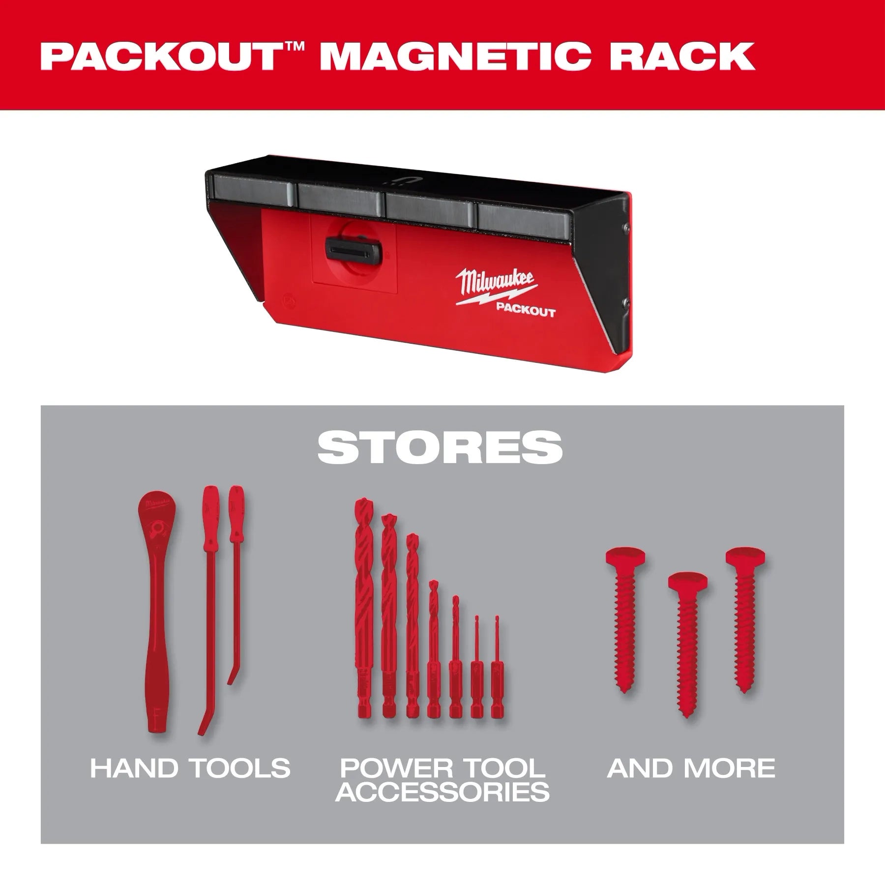 Red and black magnetic storage rack with black top rail and handle cutout for mounting tools and accessories.