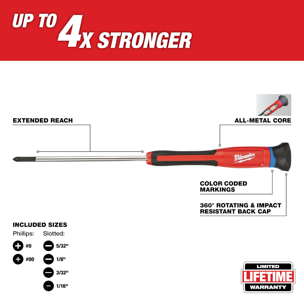 Red and black Milwaukee precision screwdriver with extended reach shaft, all-metal core, and rotating back cap.