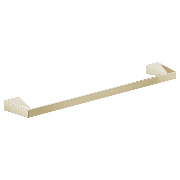 Brushed gold towel bar with angled end brackets and elongated horizontal rod.