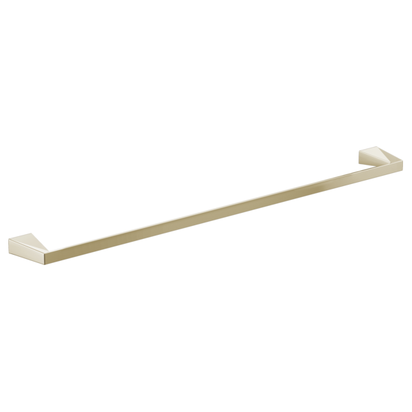 Brushed nickel towel bar with square mounting brackets on each end.