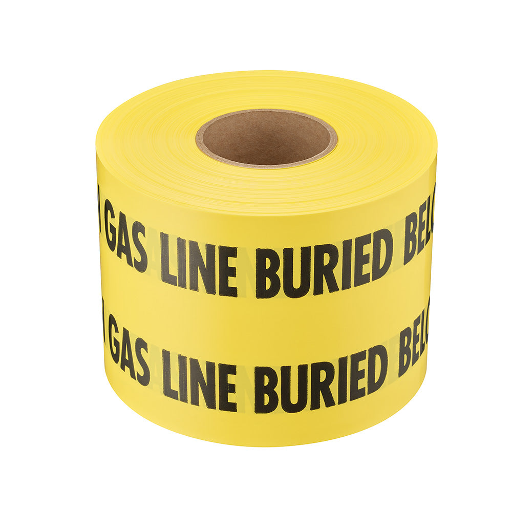 Yellow warning tape roll with black text reading "GAS LINE BURIED BELOW" repeated on the surface.
