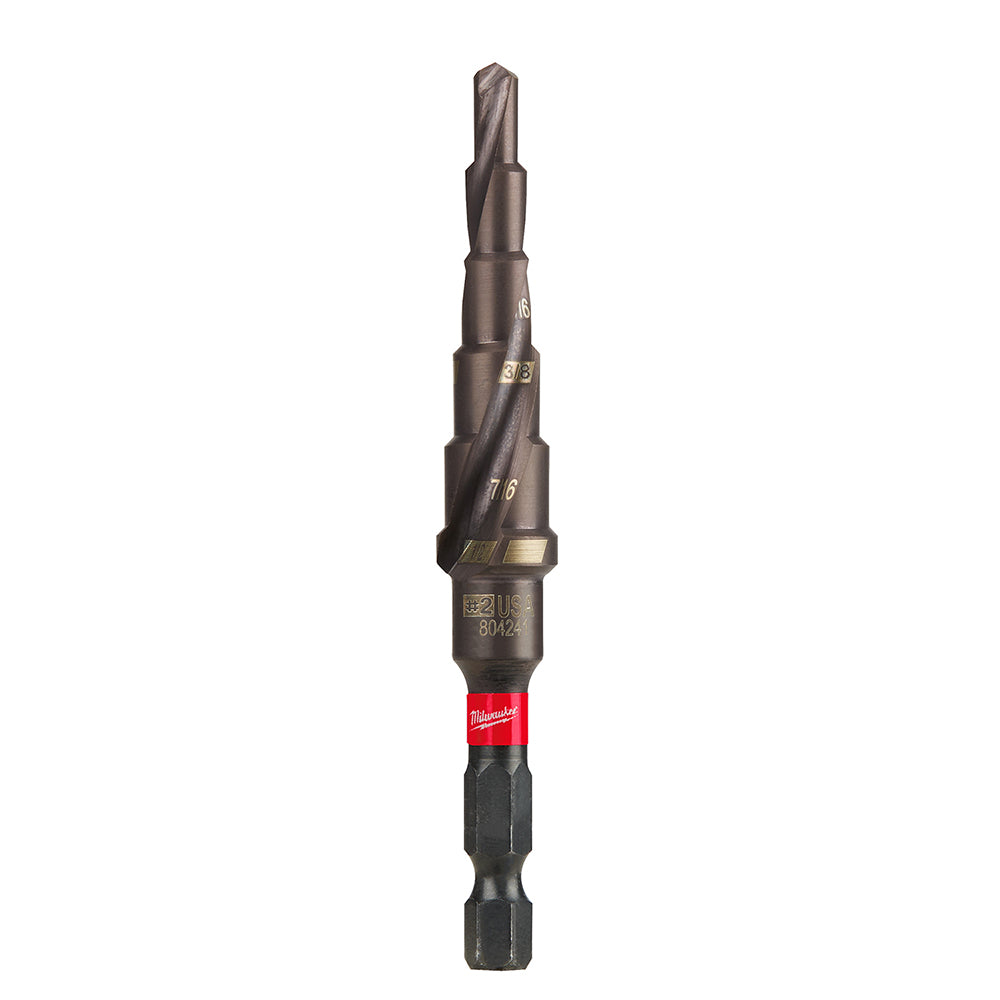 Milwaukee Shockwave Impact Duty step bit with multiple graduated sizes, hex drive end, and red band near bottom.