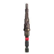 Milwaukee Shockwave Impact Duty step bit with multiple graduated sizes, hex drive end, and red band near bottom.