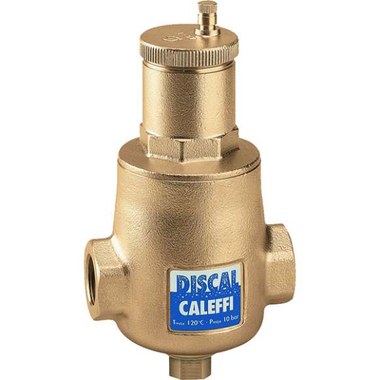 Brass air separator with blue DISCAL CALEFFI label, side ports, and threaded top connection fitting.